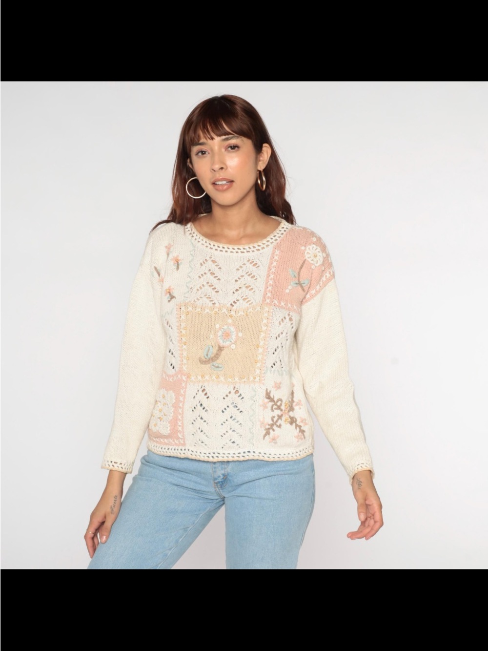 Vintage 1980s hand-knit  Patchwork Floral Sweater sz medium